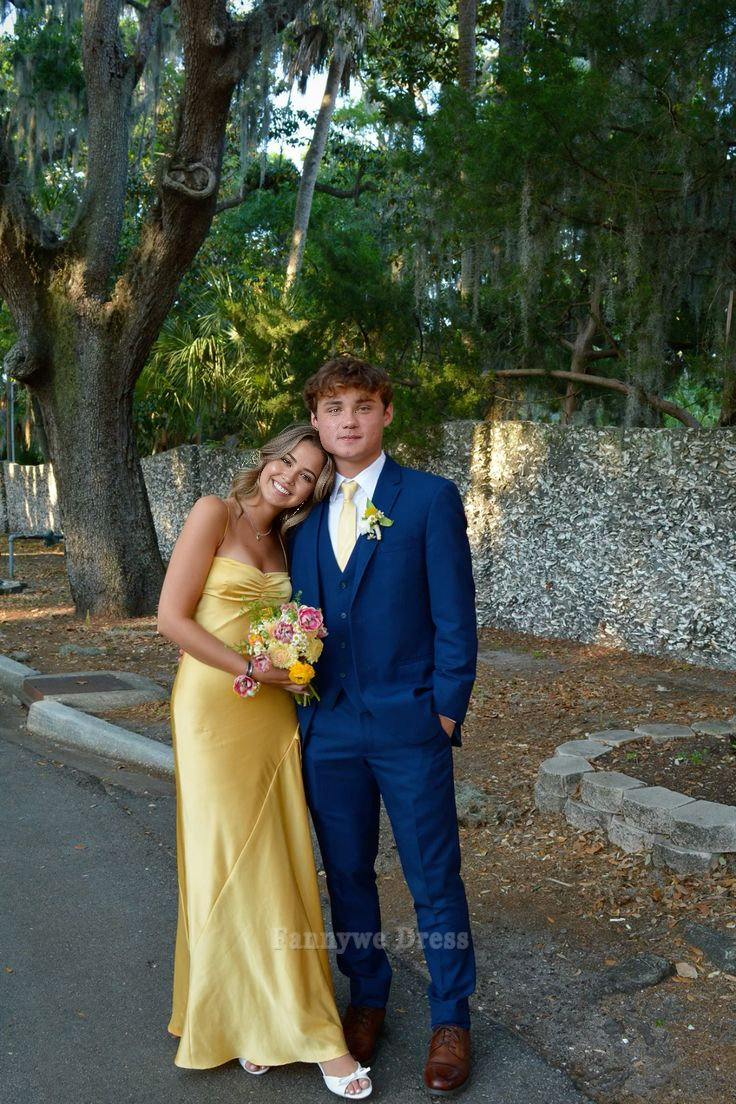 Vestido largo formal de satén amarillo con tirantes finos y corte A para dama de honor, vestido de noche, vestido de fiesta